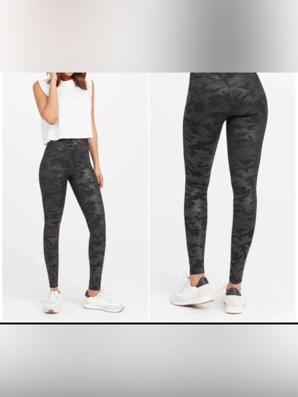 SPANX FAUX LEATHER BLACK CAMO TUMMY SHAPING HIGH WAISTED LEGGINGS MEDIUM